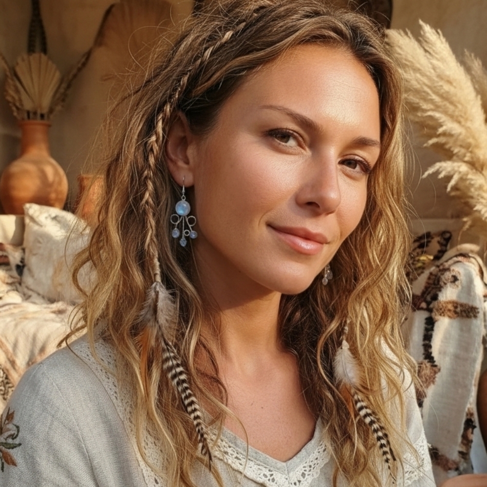 925 Sterling Silver Moonstone Dangle Earrings Artisan Boho Swirl Drop Gift 2.2" - Picture 2 of 14